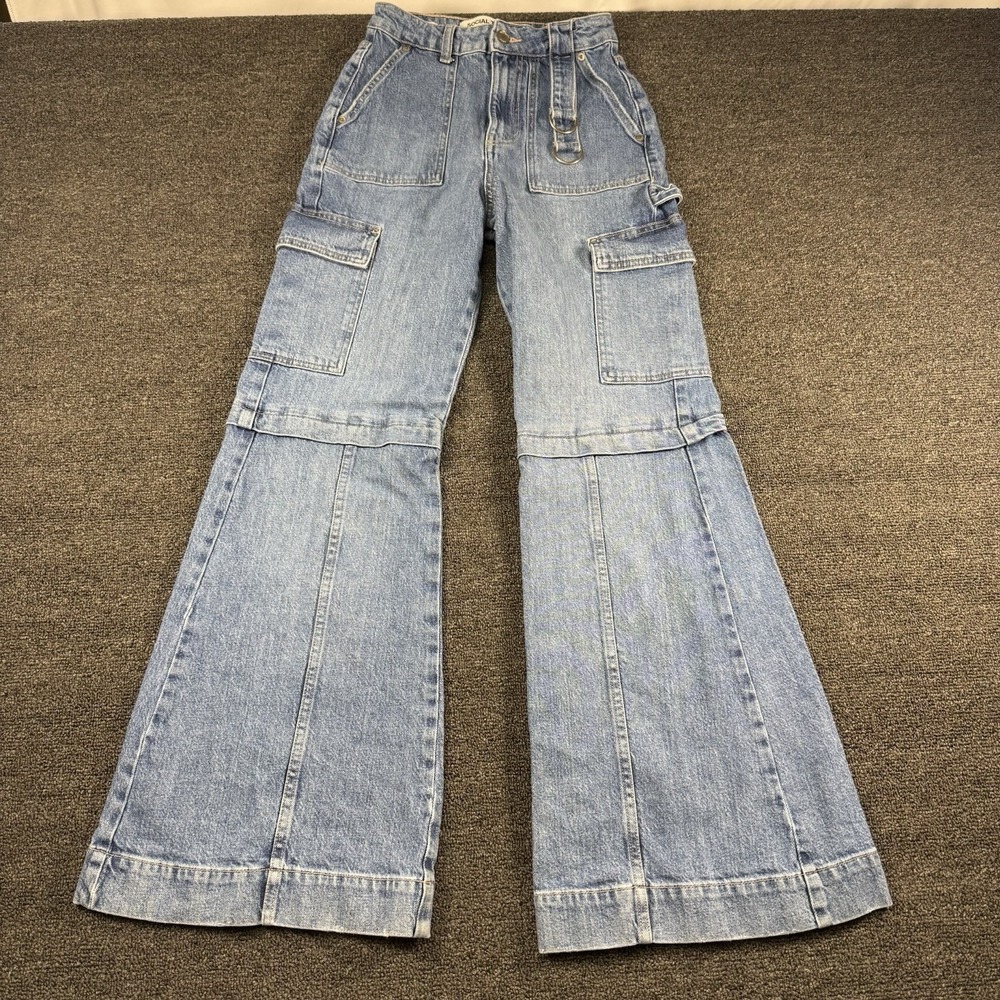 Social Tourist Ultra High‎ Rise Flare Cargo Jeans. Size 0R W24